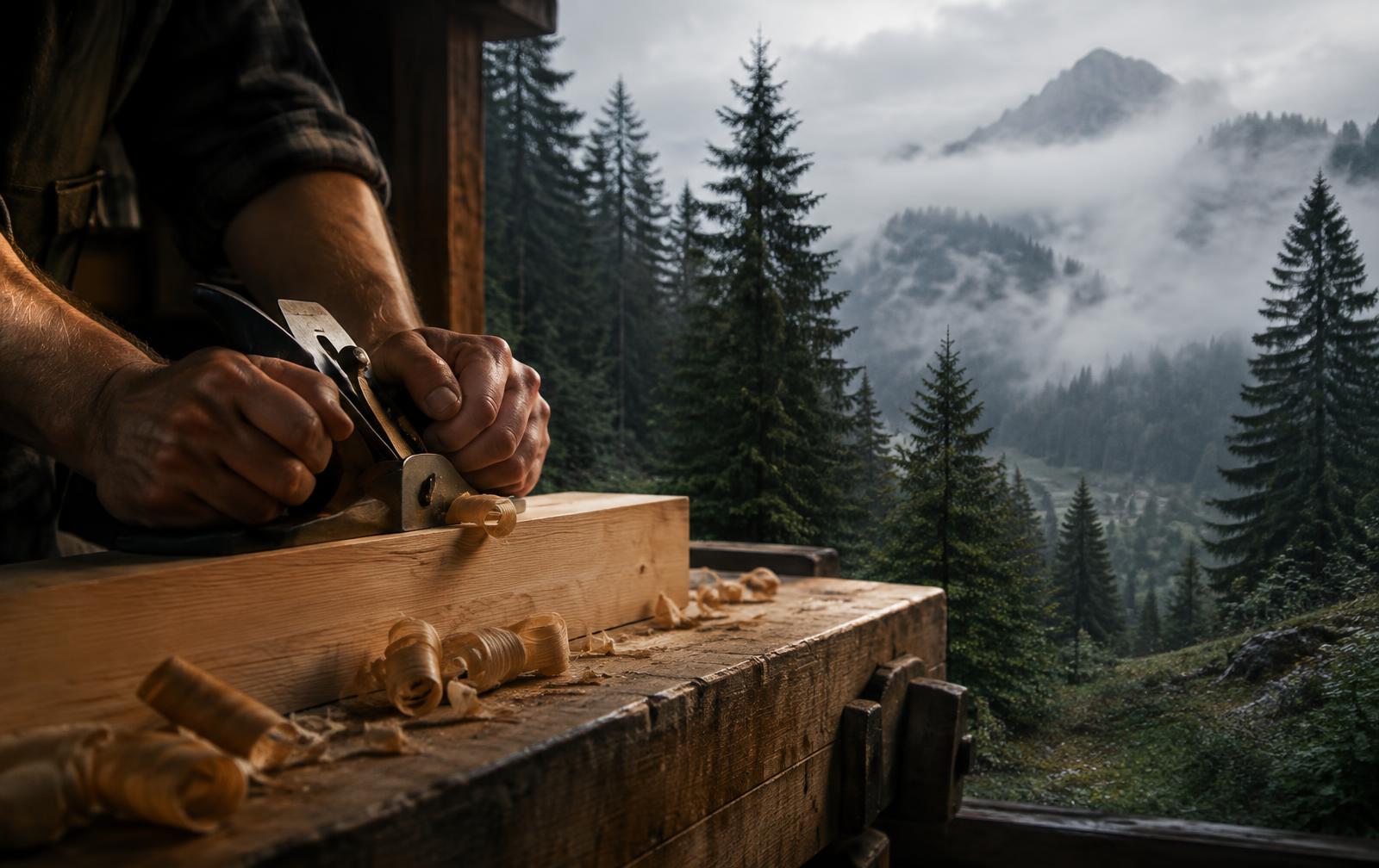 Woodworker planing Swiss spruce above the forests of Sattel